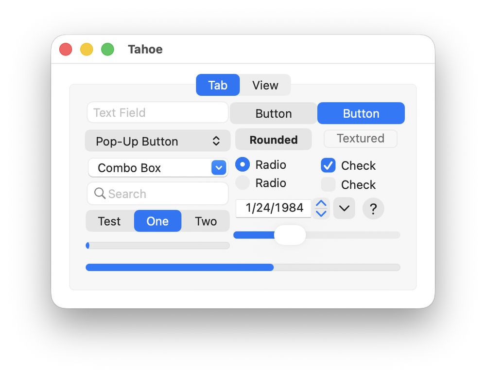 macOS 26 Tahoe beta 2 UI controls in a window.