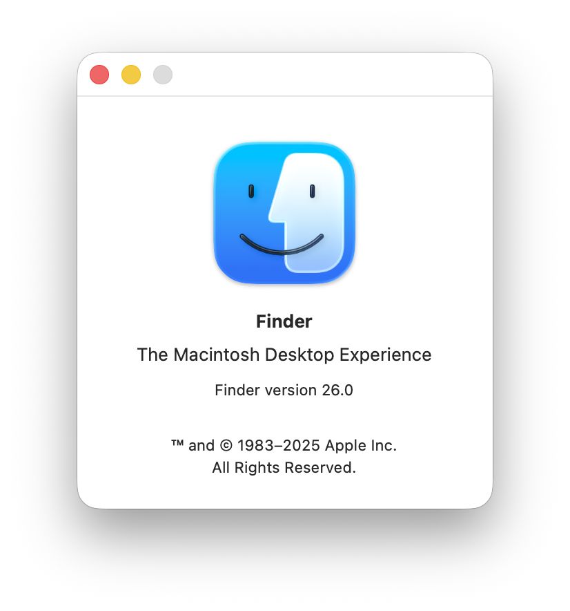 The “About the Finder” window from Tahoe beta 2 showing no text in the title bar.