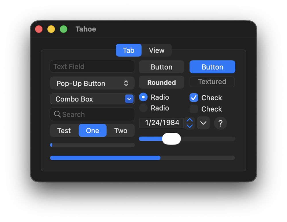macOS 26 Tahoe (dark mode) UI controls in a window.