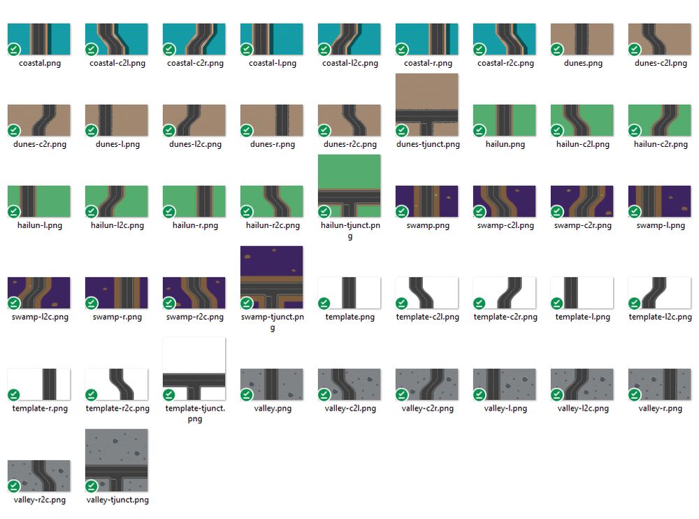 A screenshot of a Windows Explorer folder showing thumbnails of image files of various road shapes across coastal, desert, grassy, purple swampy, and moon crater-y terrains