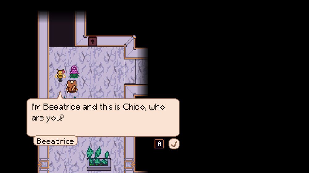 A screenshot of Chico's Rebound. In a marble-floored room, Chico the chipmunk looks towards a pink-headed flower creature. A floating bee with a red bow to the left has a dialog box reading "I'm Beeatrice and this is Chico, who are you?"
