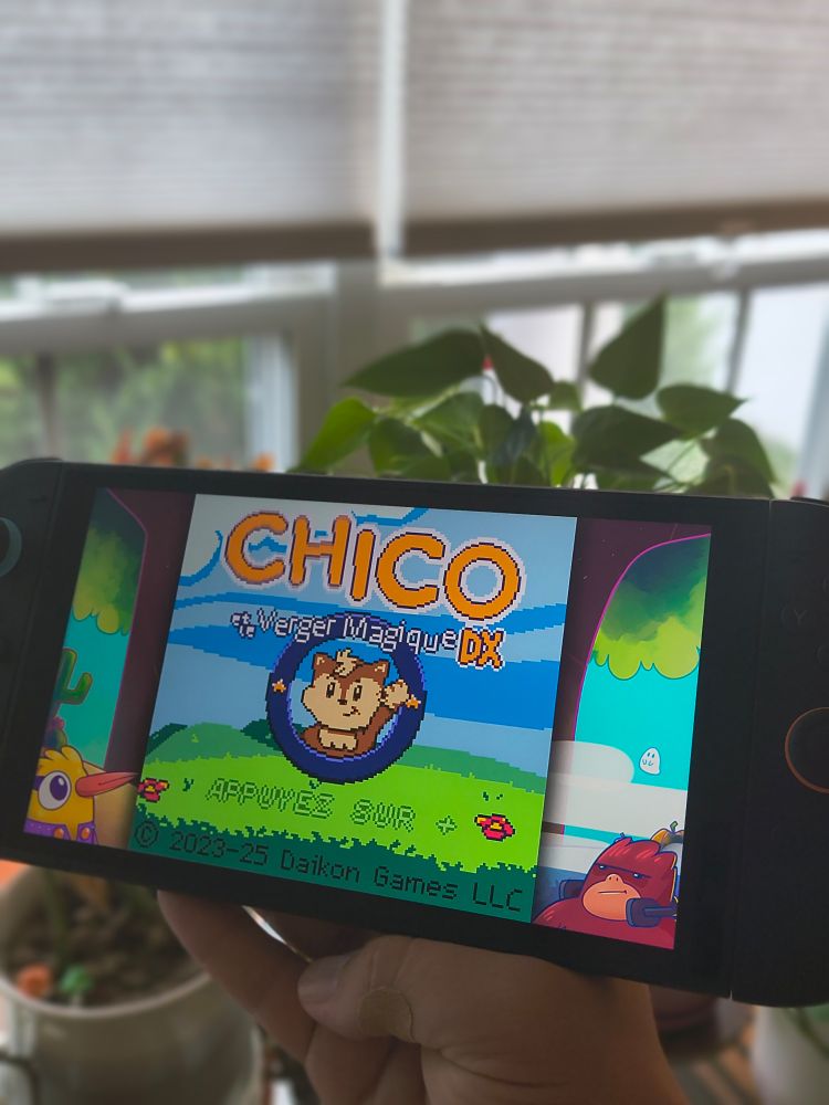 A photo of a Nintendo Switch 2 on the title screen for Chico and the Magic Orchards DX.
The game language is set to French and the logo reads "Chico et le Verger Magique DX"