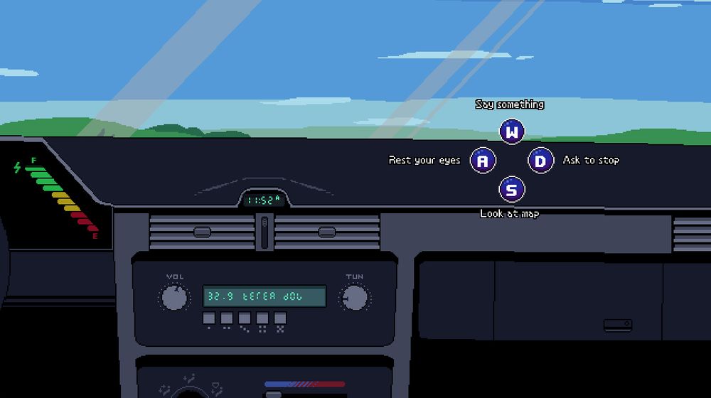 A screenshot of Border Moon EV, showing the inside of a car from a first person perspective. A car radio can be seen with Volume and Tune knobs