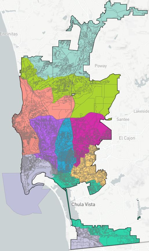 A crayon map of San Diego council districts