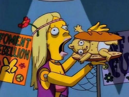 A Simpsons still. An animatronic hippy woman with glazed eyes moves a hoagie towards her gaping maw. The only sandwich filling is her also animatronic impassive baby. It is implying thc makes you hungry enough to eat a baby sandwich. 