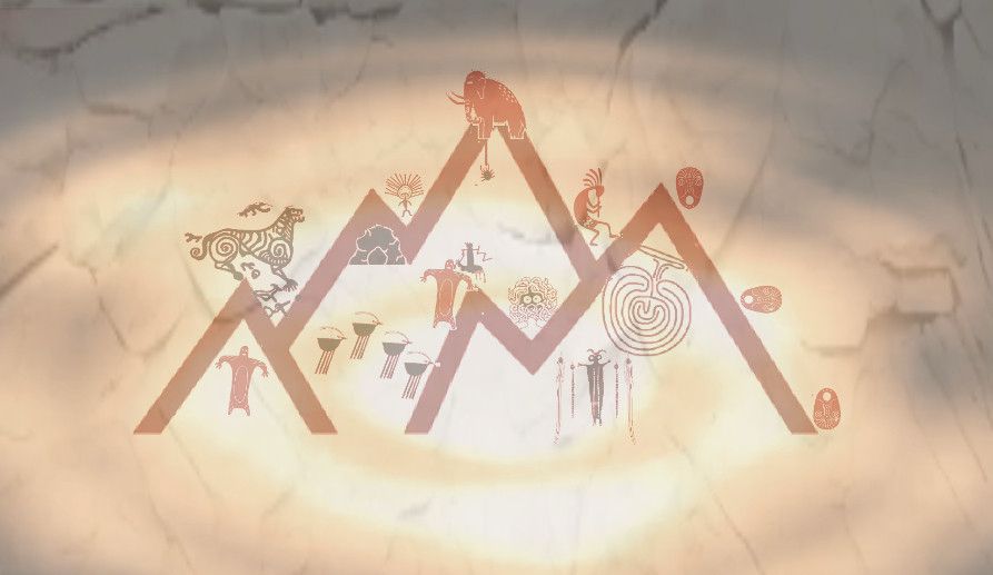 Cave painting illuminating a small group of mountains. There are clock work tigers, apes, a labyrinth, even a mammoth.