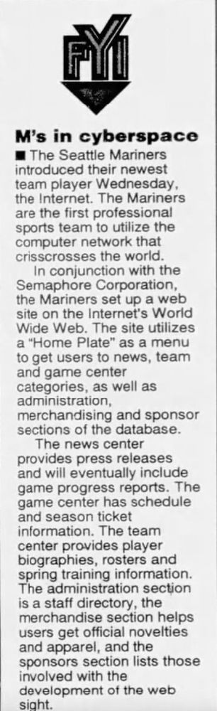 30 years ago today, baseball fans awoke to the news that the Seattle Mariners had just launched their own website, one of only 10,000 worldwide. This came at a time when there were only 20 million Internet users around the globe.