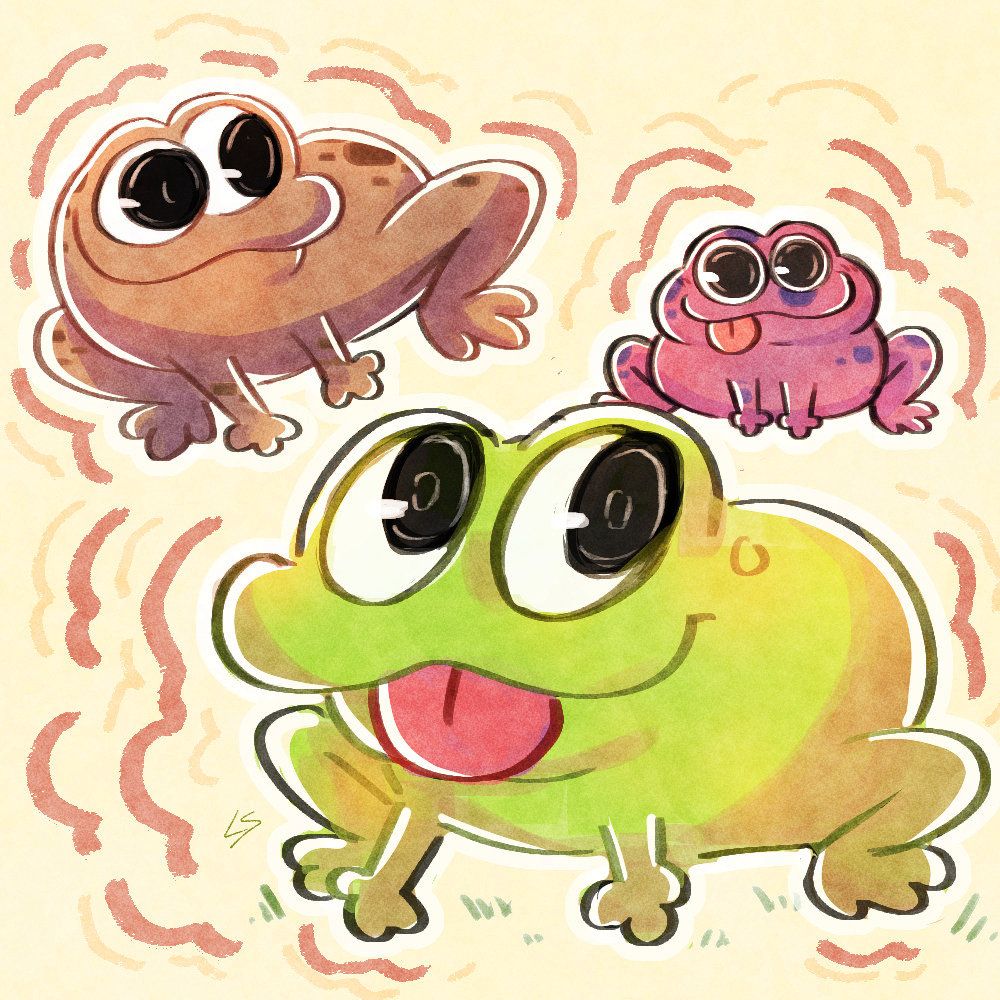 digital drawing of three (3) cute, cartoon frogs. 
