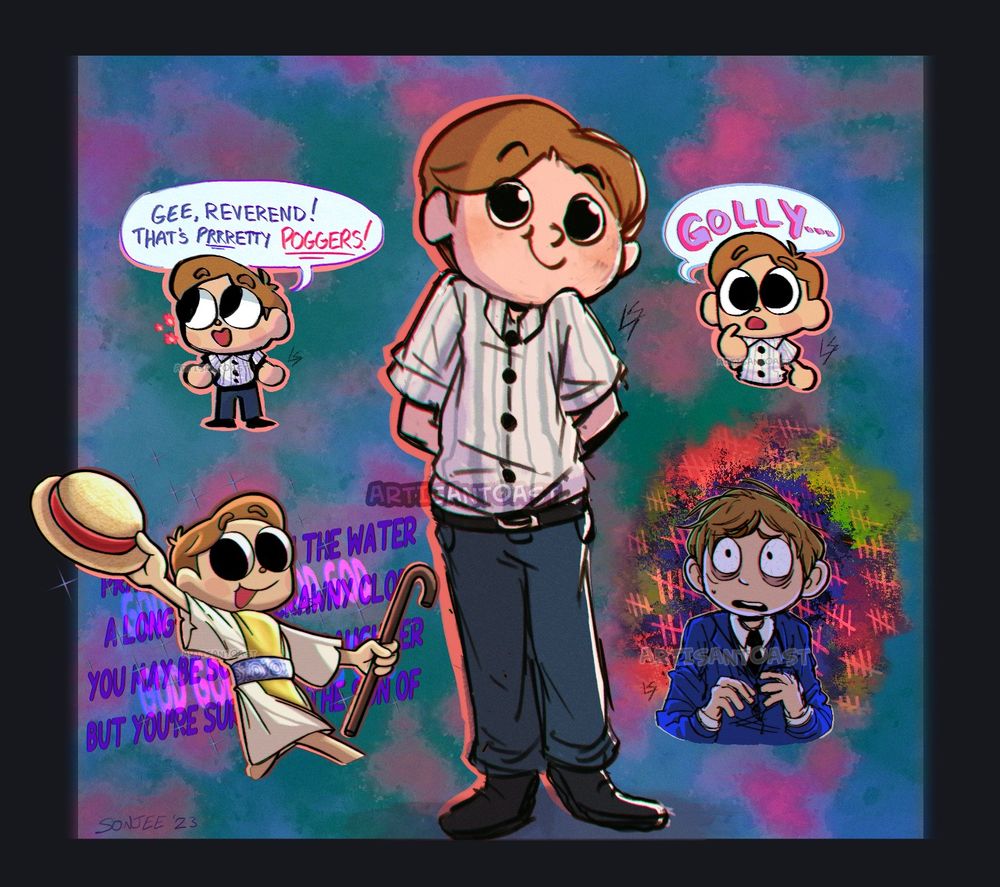 5 drawings of Orel Puppington from the show 'Moral Orel' on a trippy colored background.