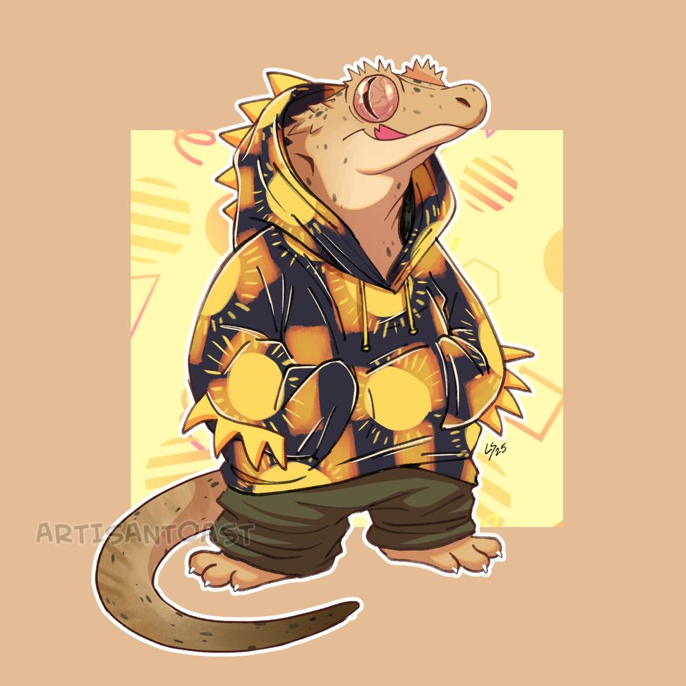 a digital drawing of a crested gecko standing on two legs, wearing a hoodie with orange squares on it and pants.