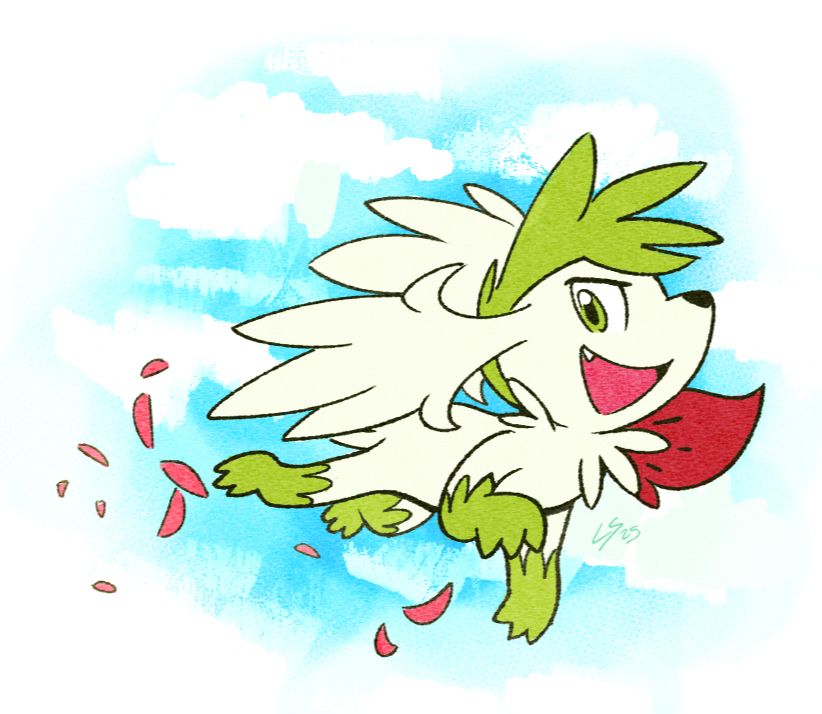 digital drawing of the Pokemon Shaymin flying with pink flower petals floating behind them.