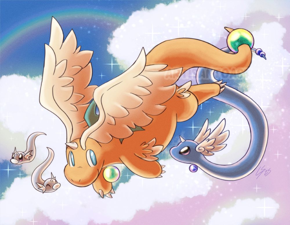 digital drawing of Mega Dragonite flying in the sky, surrounded by Dratini and Dragonair.