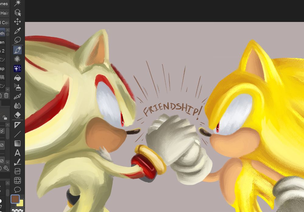 digital painting work-in-progress of Super Shadow and Super Sonic.