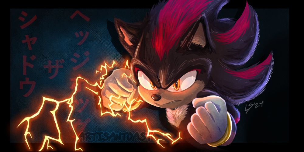 a digital painting of Shadow the Hedgehog. he is looking angrily at the viewer with his fists held up with orange lightning emitting from his right fist.