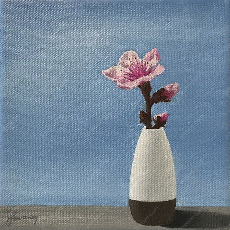 Square oil on canvas painting of a cherry blossom bloom in a small white and brown bud vase on a sunny windowsill with a blue sky background