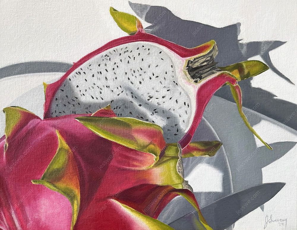Oil painting of a pink dragon fruit sliced in half with the white pulp and black seeds revealed on a round white plate with a steel knife in the sunshine