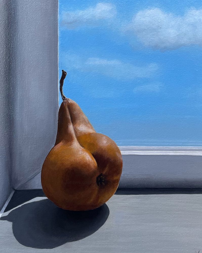Painting of a very curvy bosc pear I found at the grocery store sitting on the widow sill for a still life