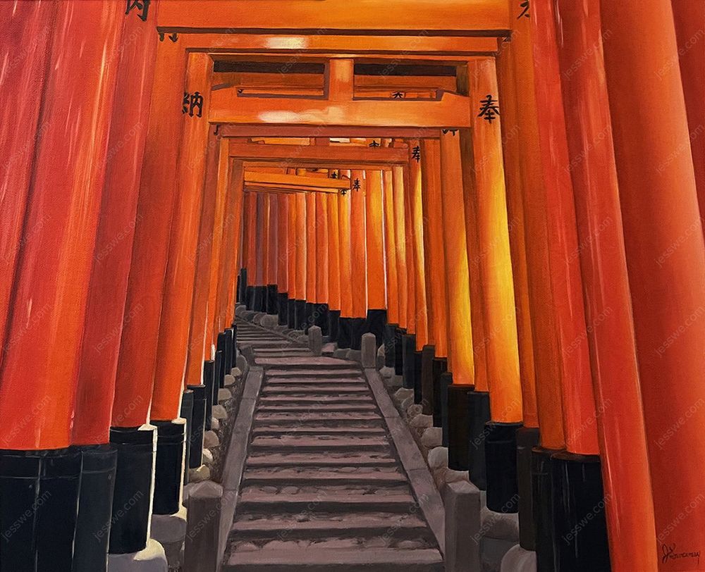 Sunrise at Fushimi Inari in Kyoto Japan, in the tunnel of vermilion torii gates going up the stone steps
