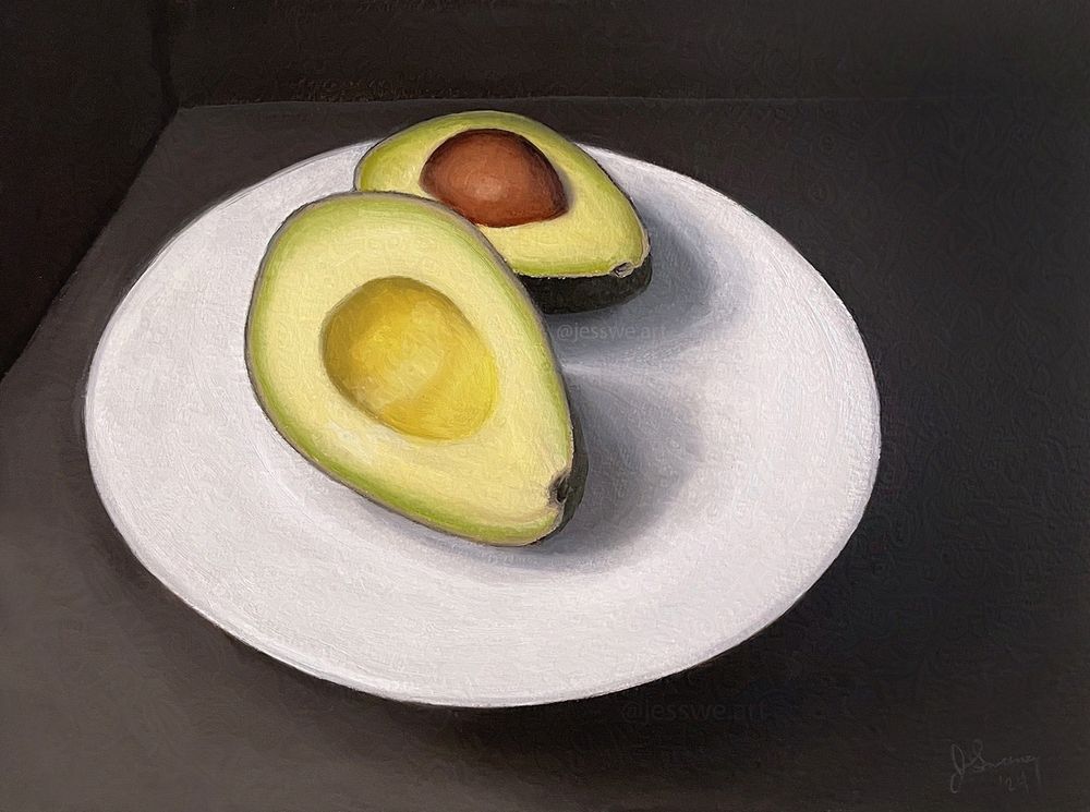 Oil painting of an avocado cut in half on a round white plate in a dark space
