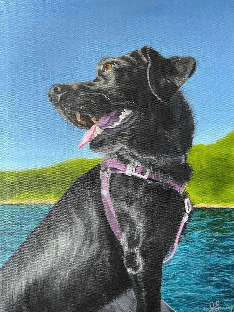 A portrait of Maya the black lab at the water with a blue sky background

