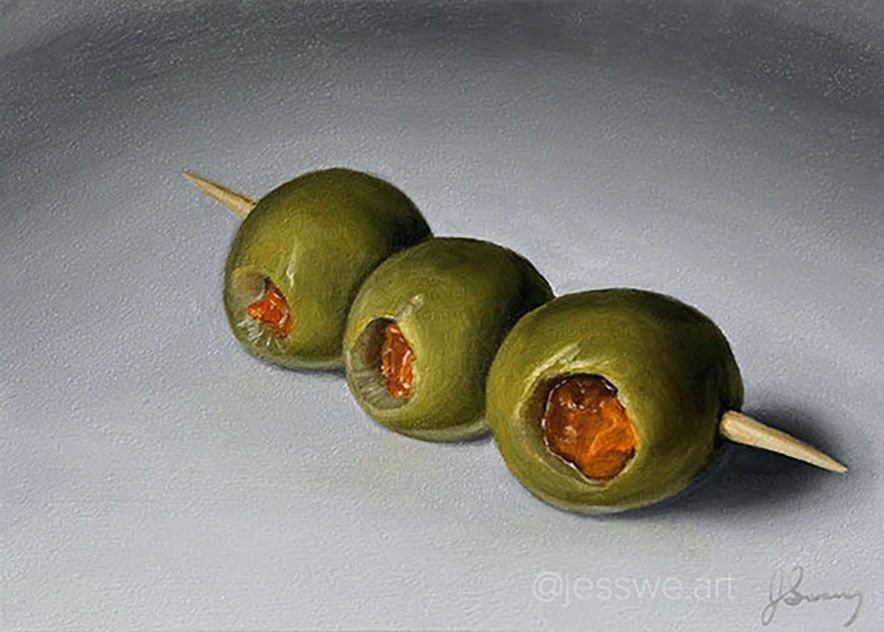 Three green pimento stuffed olives on a toothpick on a white plate. Still life realism oil painting