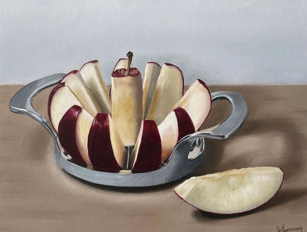 Realistic Oil painting of an apple slicer with a sliced red apple in it and one piece set to the side