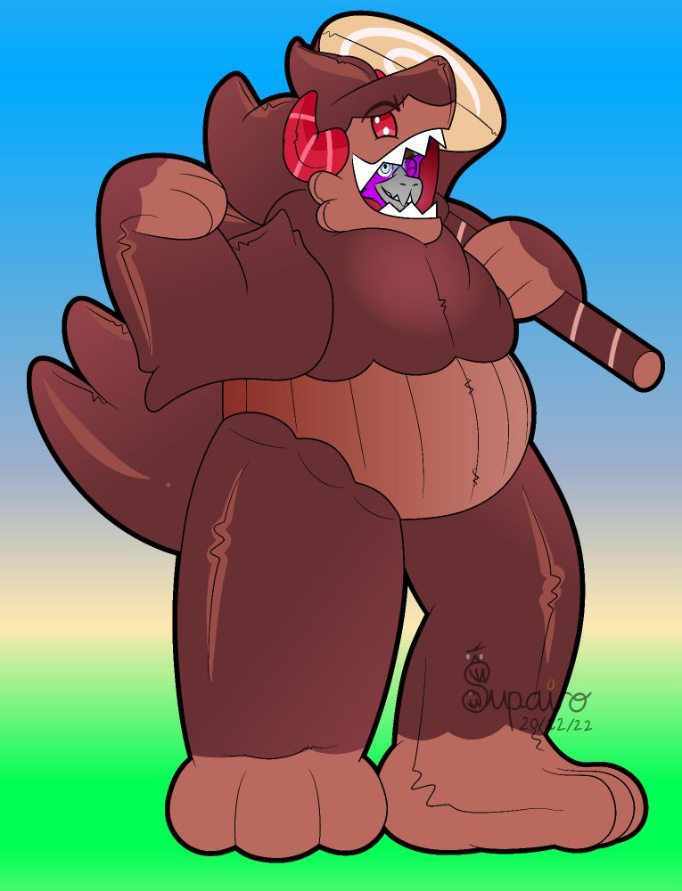 Supairo wearing a suit of Choco Werehound Brute from Cookie Run Kingdom, his head visible from the maw. ...The suit appears sentient as well, and both look to be enjoying their time together. How Supa got in? ...that's for me to know and you to guess!