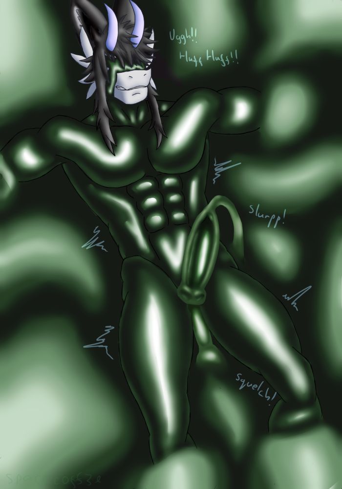 Apollo trapped in a skin tight layer of slime being milked