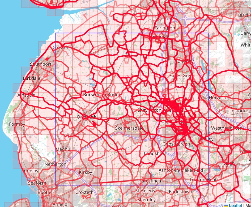 Veloviewer tile square over north west England. Blocked by Knowsley Safari Park, the North Sea, the Ribble Estuary and Winter Hill