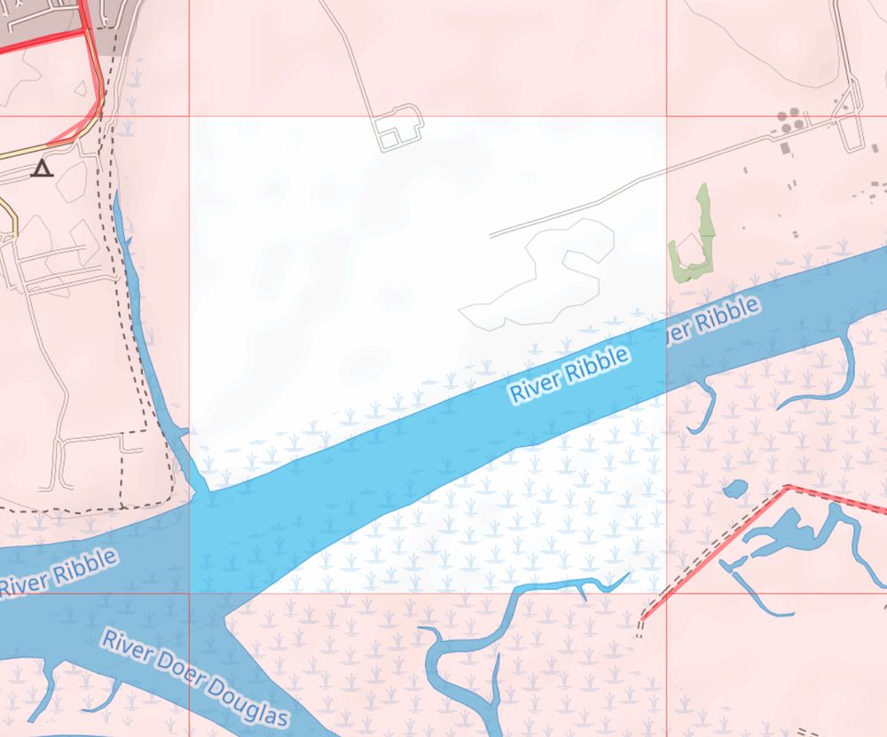 An empty Veloviewer map tile over the Ribble Estuary with a route path very close to the corner.