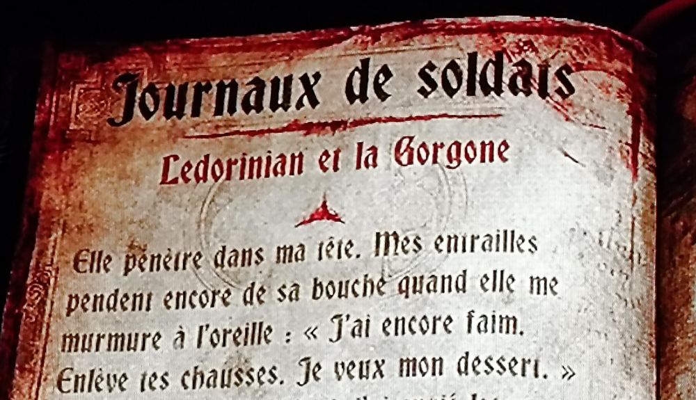 Journal collectible de Castlevania lords of Shadow 2 : "[...] Mes entrailles pendent encore de sa bouche quand elle me murmure à l'oreille : "j'ai encore faim. Enlève tes chausses. Je veux mon dessert.""