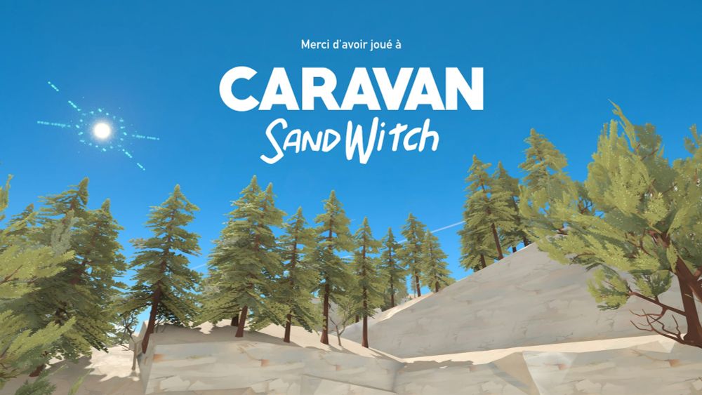 Écran de fin du jeu Caravan SandWitch avec un "merci d'avoir joué" avec un paysage ensoleillé en fond