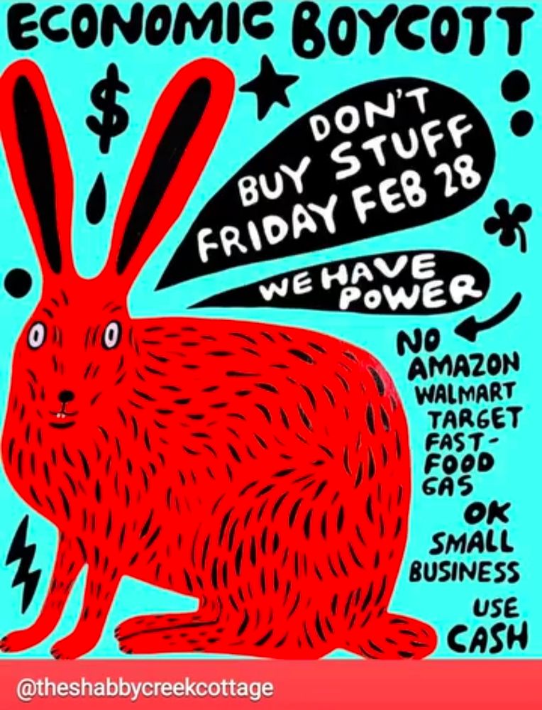 Stylized rabbit with the words economic boycott. Don't buy stuff Friday February 28th. We have the power. No Amazon, Walmart, Target, fast food. Okay Small business. Use cash