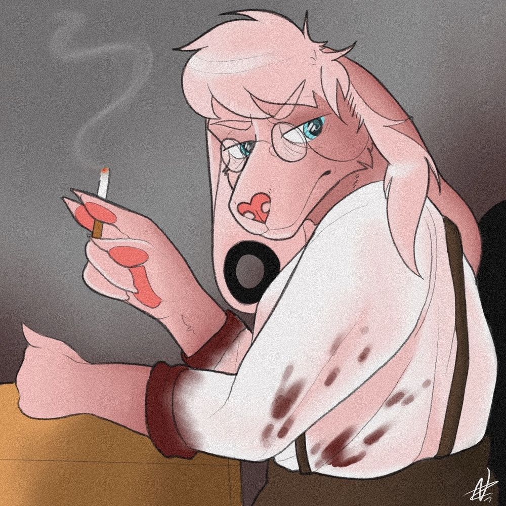 A drawing of Wallace the pink bunny sitting at a desk and smoking a cigarette. He’s wearing a white button up shirt and brown suspenders with brown pants. His sleeves and shirt are covered in blood and he has an annoyed expression on his face. This one is a bit more grainier.