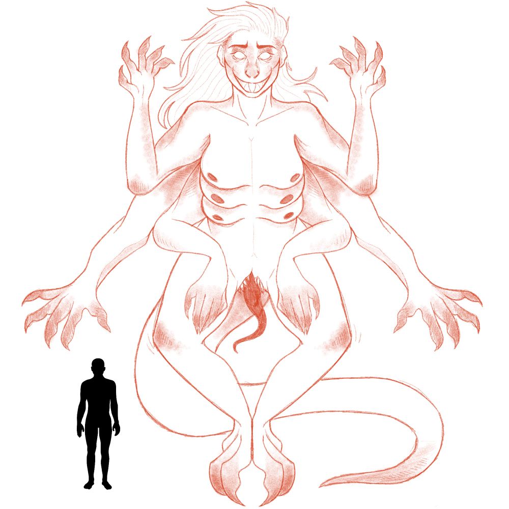A digital drawing of a monster oc that I have who is quite large compared to a human. They have three sets of arms, each hand accompanied by large claws. They also have large sets of claws on their feet with a very long fleshy tail. They also three sets of breasts and vaginal opening with teeth and tongue. They have razor sharp teeth and clear eyes with long blonde hair. They always have a large grin on their face.