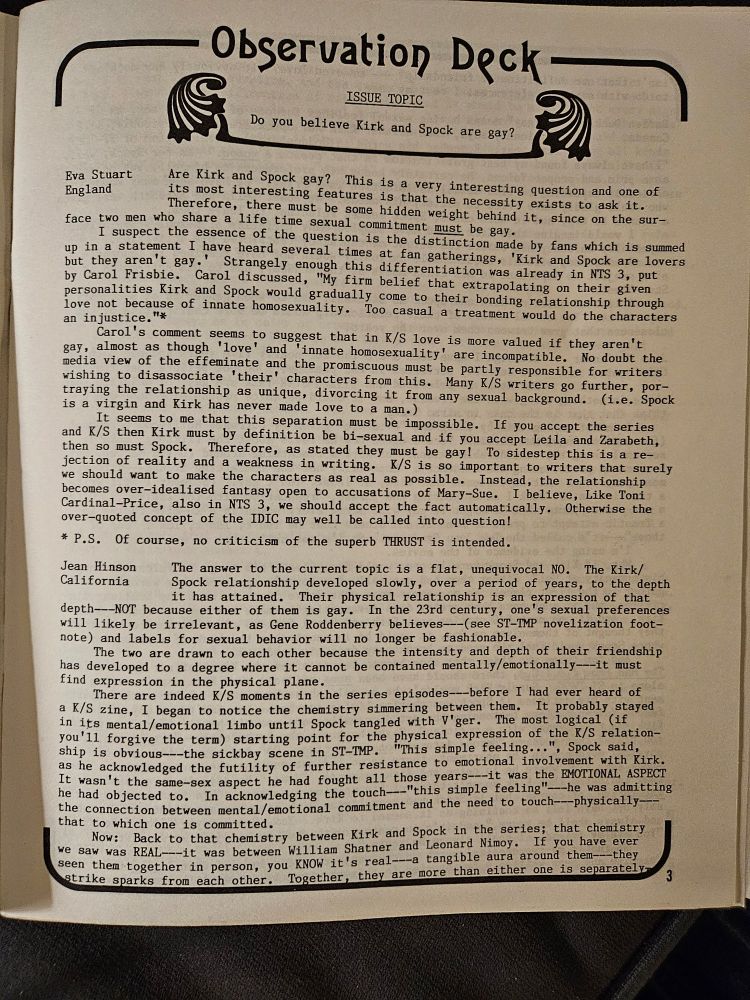 Photo from "Not Tonight Spock #4" from a section called "Observation Deck" that discusses if Kirk and Spock are gay.