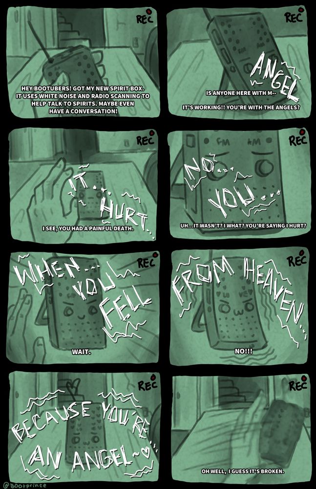 8 panel comic in a grid mimicking a camera recording with night vision featuring a ghost hitting on a ghost hunter by using the pick up line "Did it hurt when you fell from heaven because you're an angel" through a spirit box.
