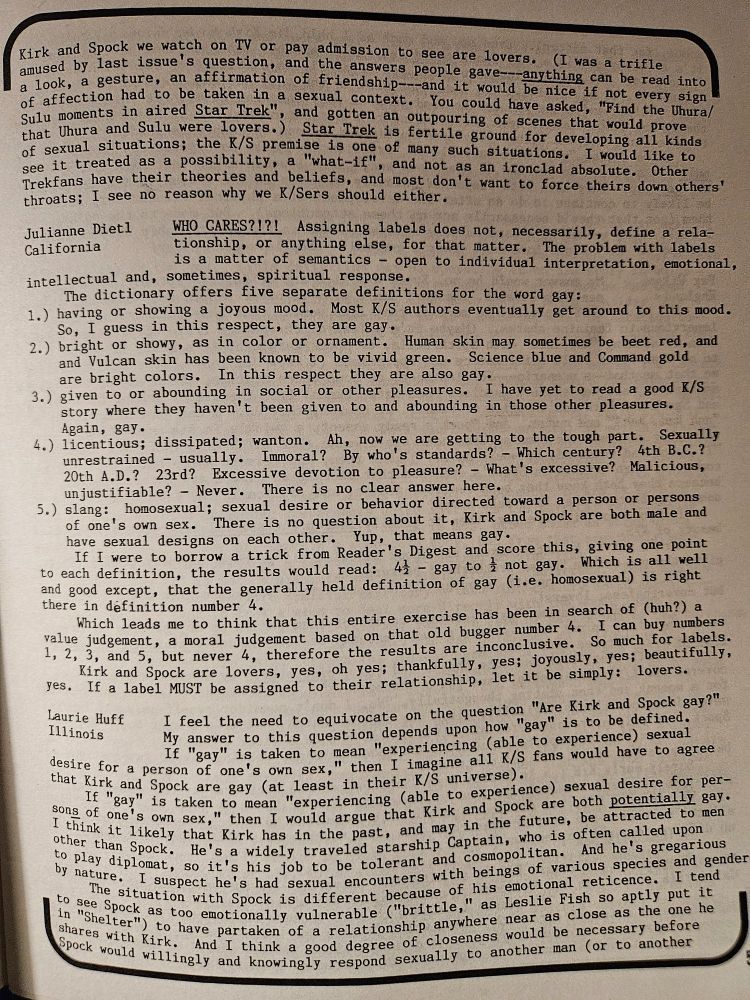 Photo of more excerpts discussing if Kirk and Spock are gay from "Not Tonight Spock #4"