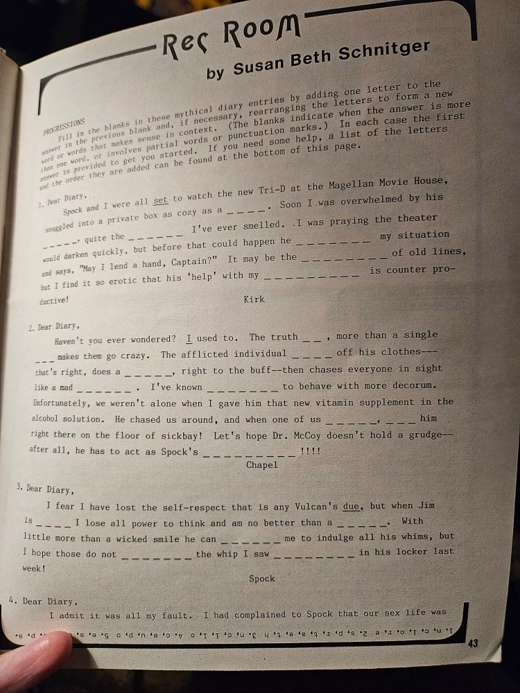 Photo of a madlibs type game featuring different Star Trek character's diaries.