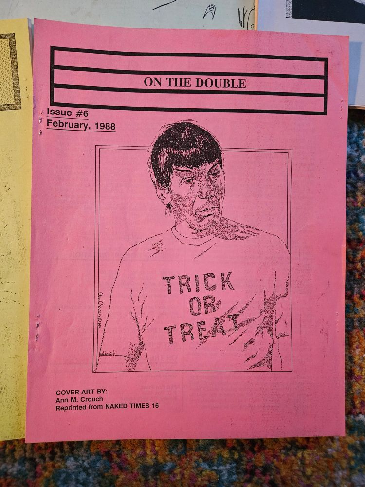 Cover of On the Double #6 fanzine featuring Spock in a t-shirt that says Trick or Treat