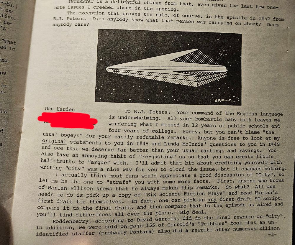 Photo from an Interstat letterzine with an address blocked out. This writer insults another with things like "your command of the English language" is underwhelming and "your bombastic baby talk".