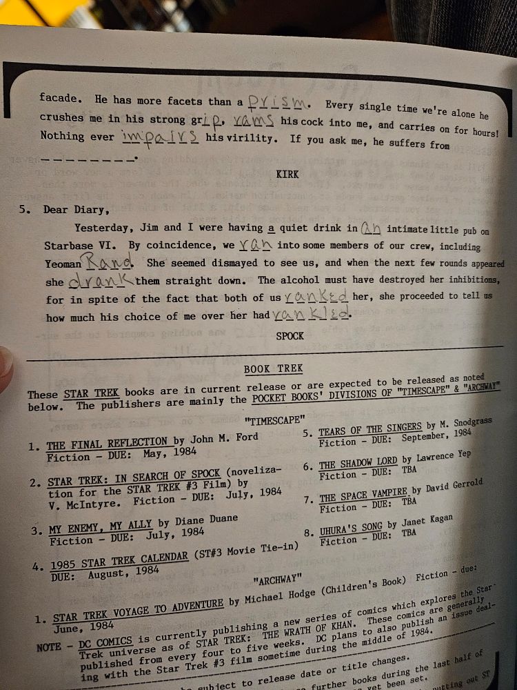 Photo from "Not Tonight Spock #4" of a word game featuring blanks in character's diary entries. It's been filled out by the previous owner.

It also includes a list of upcoming book releases. This was important reference for fans since this was pre-internet! Diane Duane is a very celebrated Dtar Trek novel writer by the way.