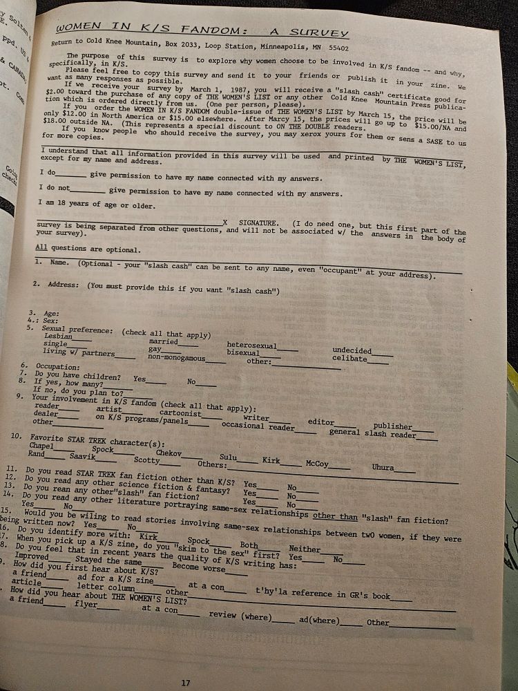 Photo of a survey about women in K/S fandom