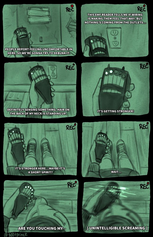 8 panel comic in a grid mimicking a camera recording with night vision featuring a ghost hitting on a ghost hunter by touching his butt while he uses an EMF reader.