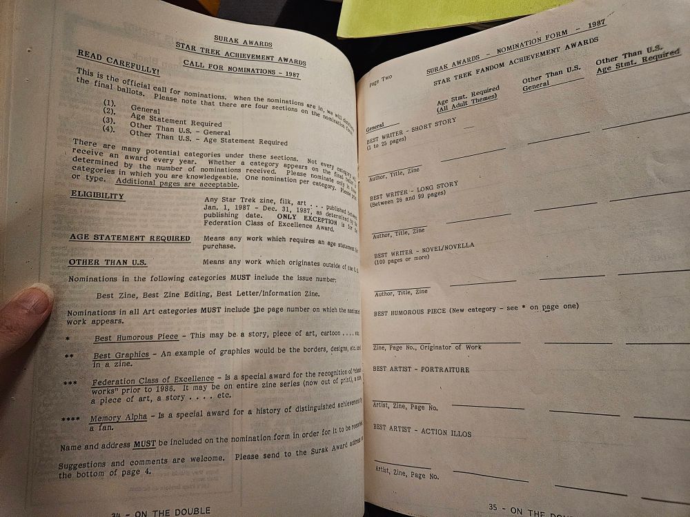 Photo of a nomination form for the Surak awards.