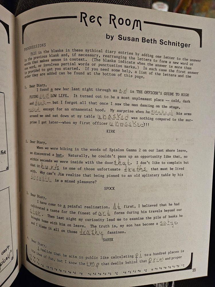 Photo from "Not Tonight Spock #4" of a word game featuring blanks in character's diary entries. It's been filled out by the previous owner.