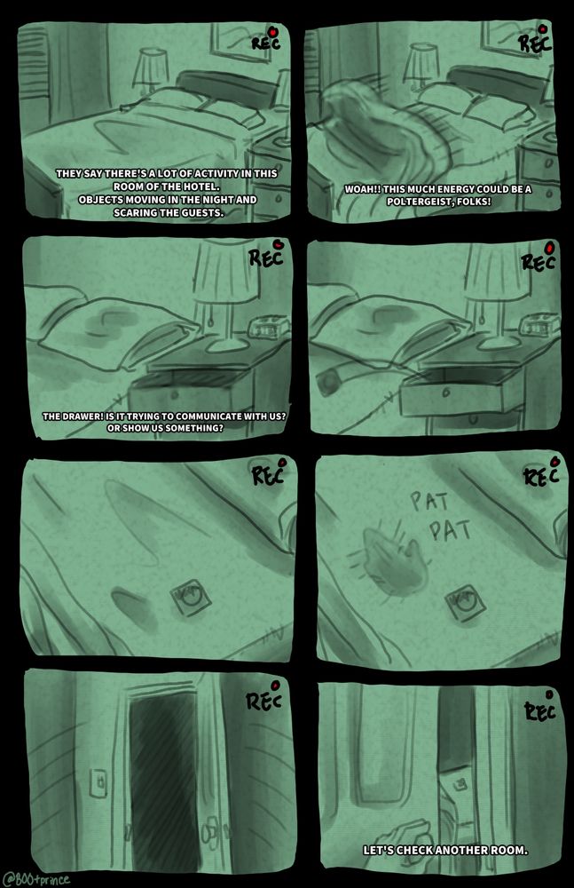 8 panel comic in a grid mimicking a camera recording with night vision featuring a ghost hitting on a ghost hunter by flinging a condom out of a nightstand and patting the bed.