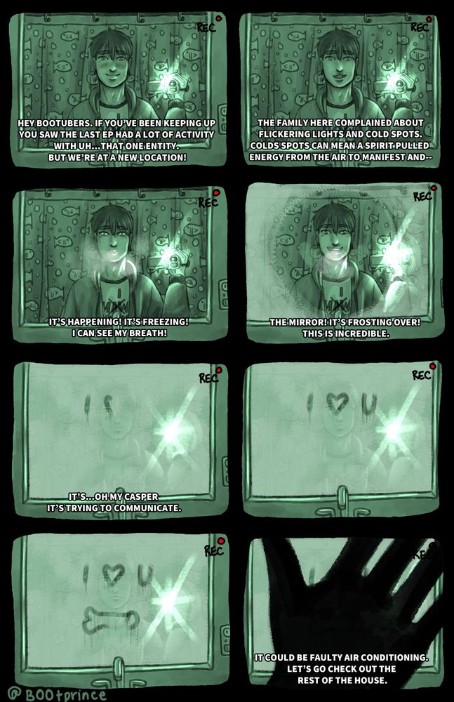 8 panel comic in a grid mimicking a camera recording with night vision featuring a ghost hitting on a ghost hunter by writing "I heart you" and drawing a penis on a fogged up mirror.