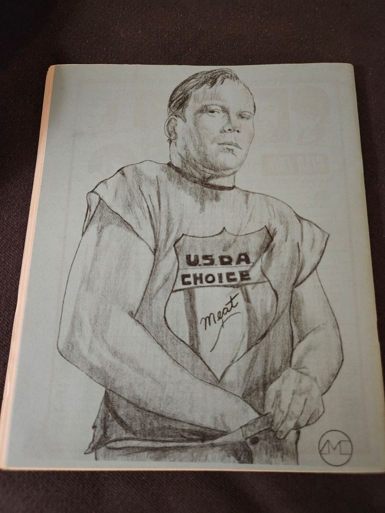 Back cover of Star Trek fanzine "Not Tonight Spock #4" on blue paper with an illustration of Kirk wearing a "USDA Choice Meat" shirt and reaching into his pants.