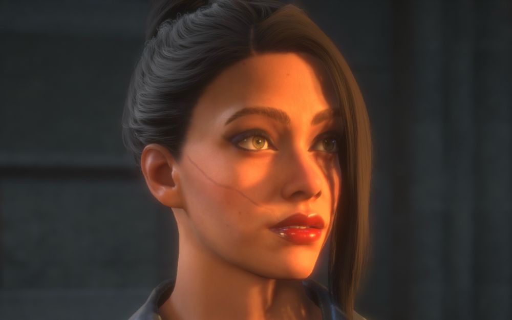 Uma foto de uma personagem criada no jogo dragon age the veilguard, ela tem cabelo preto preso com um coque e sua franja projeta sombra em um de seus olhos e do outro lado do rosto ela possui uma cicatriz que cruza da bochecha até seus lábios.